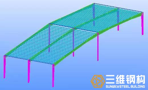 繼續(xù)安裝下一榀剛架的鋼柱、連梁、屋架、檁條。